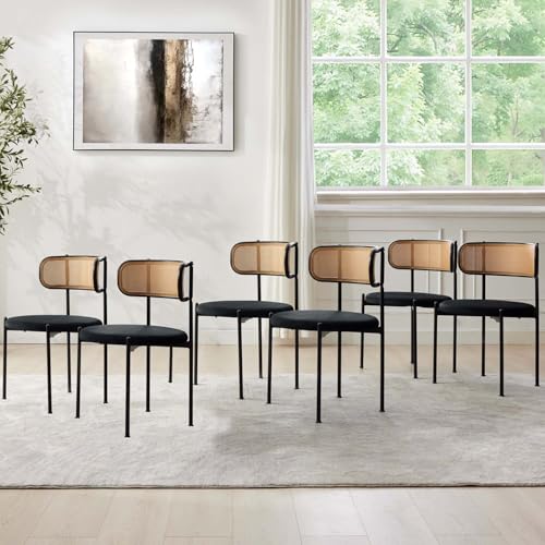 Rattan Dining Chairs Set of 6, Mid-Century Modern Chair with Boucle, Kitchen Dining Room Chairs for Living Room with Metal Legs, Round Upholstered Sherpa