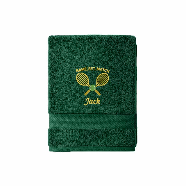 Stars and Stripes Personalised Tennis Sports Towel – Game Set Match Racket Ball Design – Custom Embroidered Name – Soft Cotton Players Towels (Forest, Hand Towel)