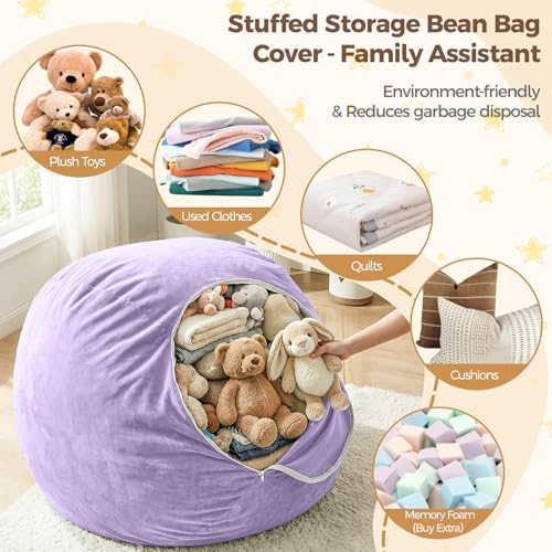 Image of Stuffed Animal Storage Bean Bag Chair Cover for Kids (No Filler), Soft Comfy Velvet Beanbag Chair Cover Machine Washable, Kids Bean Bag Chair with Handle for Living Room Bedroom Dorm, Purple