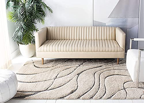 Image of Geometric Wave Square Shaggy Carpet for Living Room, Bedroom, High Low Design Finish Microfiber 1.8 Inch Pile High, 6x6 Feet Ivory|Grey Color