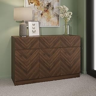 GFW Catania Narrow Large Sideboard Cabinet Unit With 3 Storage Drawers & 3 Storage Cupboards, Walnut Furniture For Living Room, Dining Room, Hallway & Office, Royal Walnut D39.8 x H76 x W118.8cm