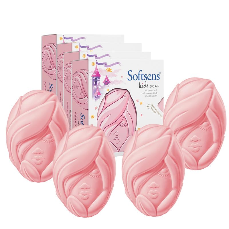 Softsens Kids Princess Soap| Grade 1| Infused Shea Butter & Milk Cream |Dermatologist Tested (Pack of 4|75g each)