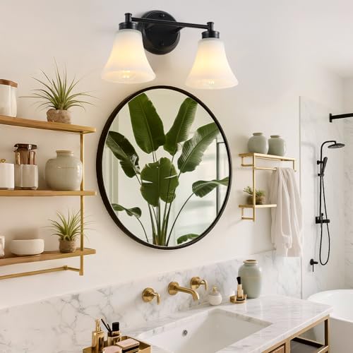 Image of LOUSACE 2 Light Bathroom Vanity Light Matte Black Bathroom Lighting Fixtures Over Mirror with Opal White Frosted Glass, Vintage Traditional Wall Lighting Fixture Vanity Lights