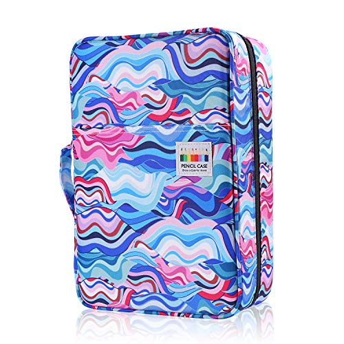 Image of Large Capacity Colored Pencil Case Slot Holds 300 Pencils or 200 Gel Pens with Zipper Closure Nylon Pen Organizer with Handle Strap Pen or Pencil Box for Artis (Blue Wave)