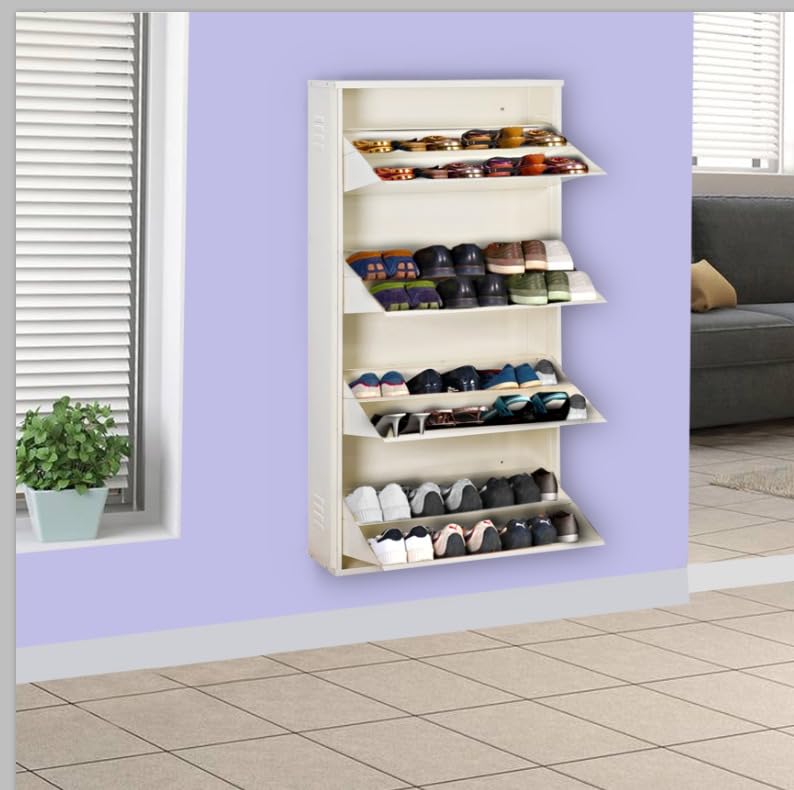 Image of DELITE KOM 29 inch Wide, 8 Shelf Metal Shoe Rack Wall Mounted for Home with Central Lock | Holds Upto 28 Shoes or 48 Slippers Pair | Double Decker, 1Yr Warranty, (54x29x8, Ivory), DIY, Space Saver