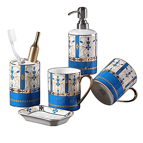 Distributore Di Sapone, Set Da Bagno In Bone China Da Cinque Pezzi, Con Tazza Per Spazzolino Da Denti, Porta Dentifricio, Portasapone, Distributore Di Sapone Creativo In Ceramica, 450ml, Blu