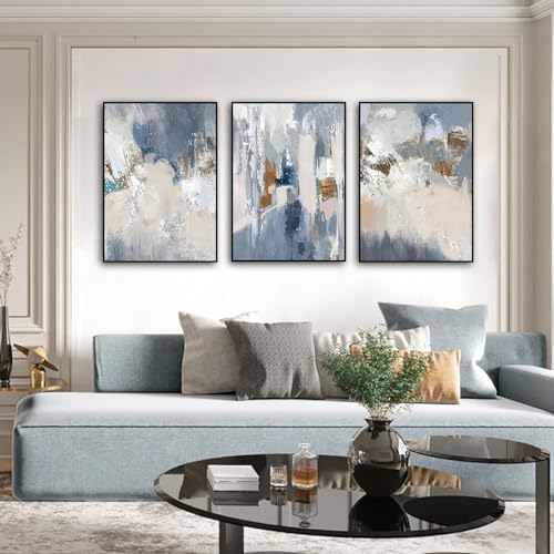 Toile murale abstraite KEBIA bleu et or 60x90 cm triptyque salon