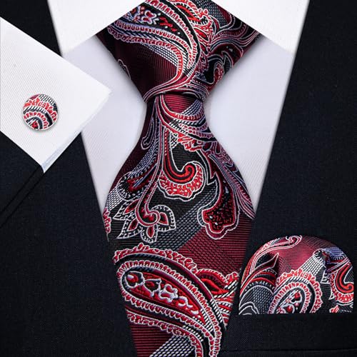 Image of YourTies Silk Paisley Floral Tie and Pocket Square Cufflinks with Lapel Pin Sets for Men 5PC Wedding Party