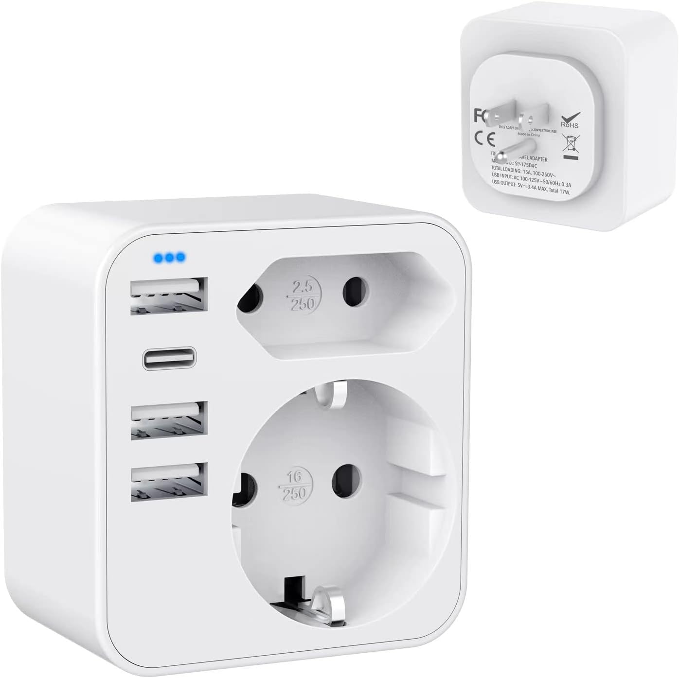 Sameriver Adaptateur Prise USA, 4 en 1 Adaptateur Prise Americaine 2 USB 1 Type C 1 Prises