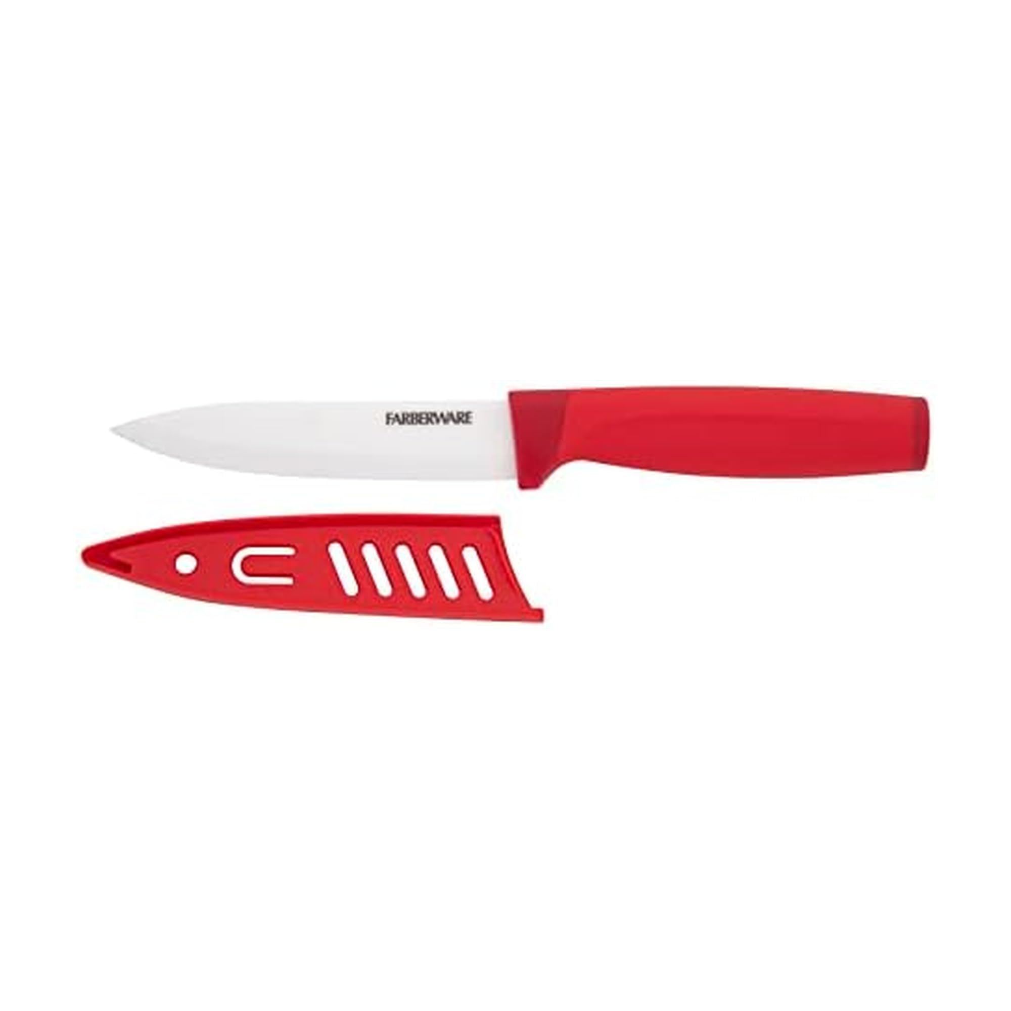 Farberware Ceramic 5-inch Utility Knife with Custom-Fit Blade Cover, Razor-Sharp Kitchen Knife with Ergonomic, Soft-Grip Handle, Dishwasher-Safe, 5-inch, Red