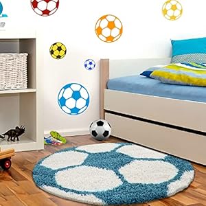 Muratap Vloerkleed Fun Voetbal Turquoise Blauw Wit – Tapijt Kinderkamer Speelkamer Sport Decoratie Jongen Meisje Speeltapijt KinderVloerkleed Fun – Maat: 100 cm – Rond