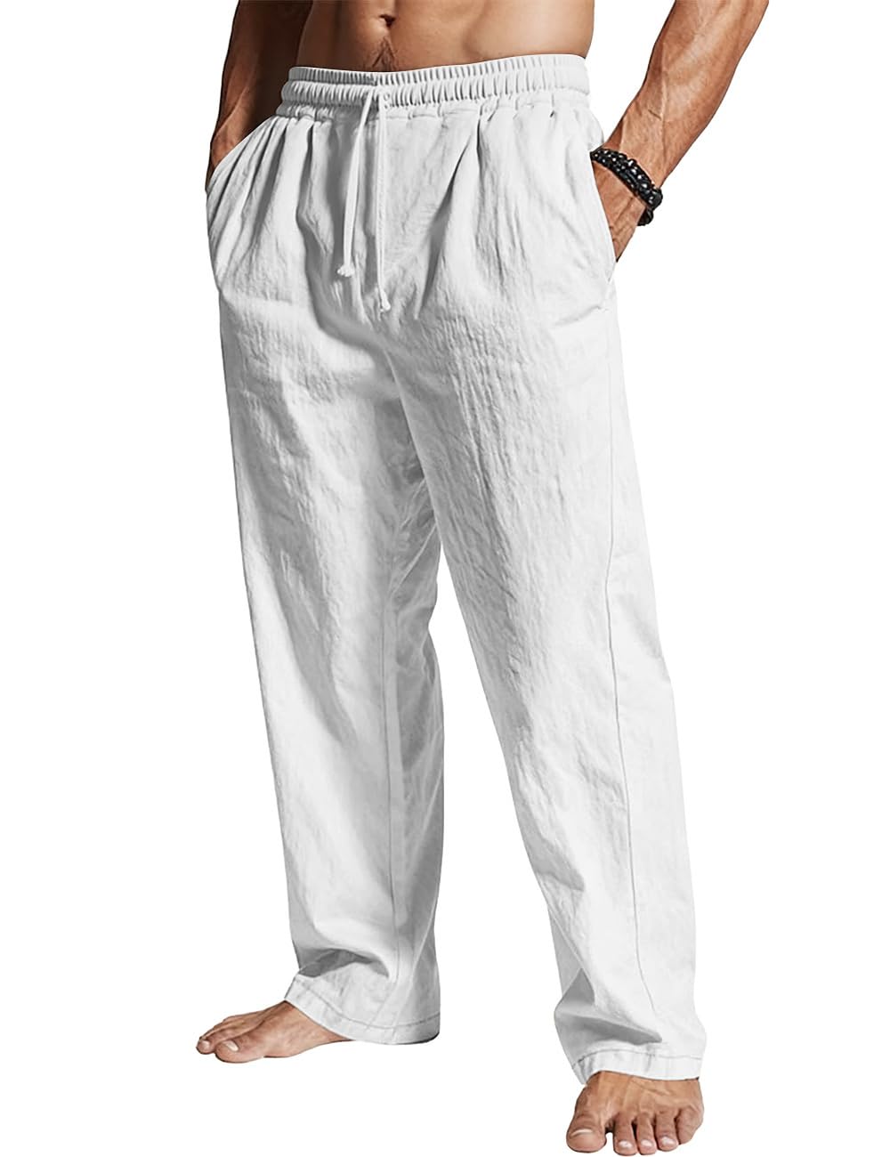 Mens Casual Linen Pants Loose Fit Drawstring Waist Lightweight Linen Trousers Summer Yoga Beach Long Pants