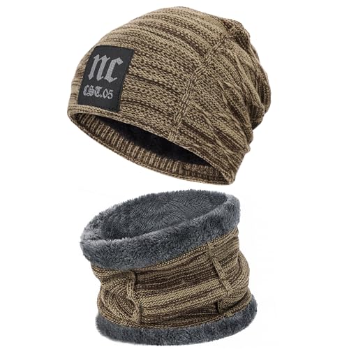FZ FANTASTIC ZONE Mens Womens Winter Beanie Hat Scarf Set Warm Knit Thick Fleece Lined Skull Cap Neck Warmer for Men Women