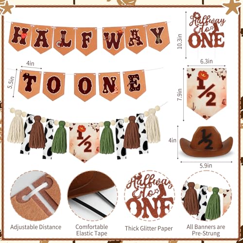 Image of 1 /2 Birthday Boy Half Birthday Decorations - Western Cowboy Half Way to One Banner, My First Rodeo Birthday Hat, Cake Topper, Tassel Chair Banner for Boys 6 Months Birthday Decorations Party Supplies
