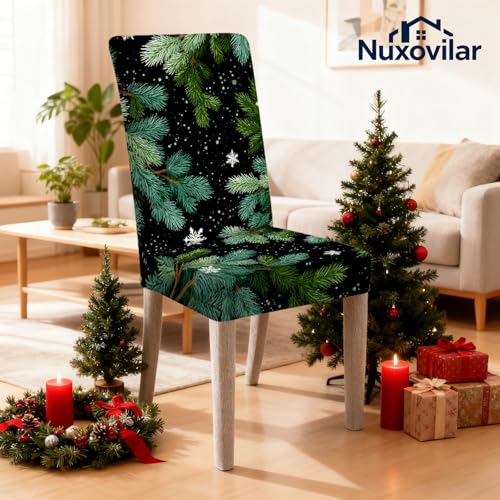 Image of Nuxovilar 6PCS Pine Branch Snowflake Stretch Chair Covers 23.6x70in | Holiday Slipcover Festive Protector Snowflake Wrap Seat Guard Dining Room Family Kitchen Gathering (Pine Branch)