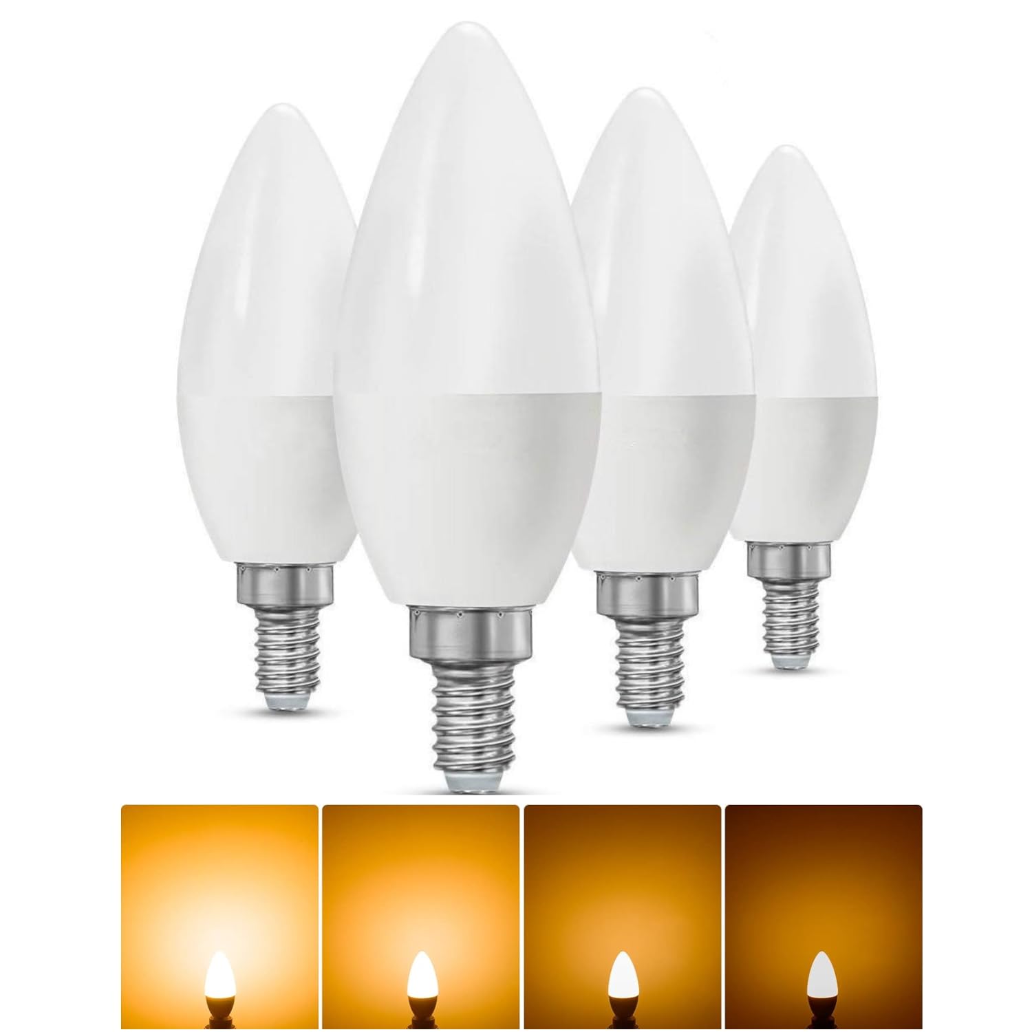 4 Pack E14 LED Bulbs 100% Dimmable, 6W 3000K Warm White Candle Bulb, 450lm, 40W Equivalent, Energy Saving, CE/RoHSCertified, 1 Year Warranty.