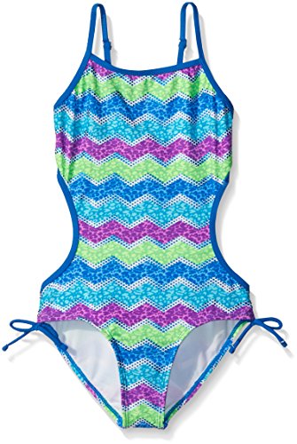 Angel Beach Girls' Cracked Foil Chevron Monokini Cut Out One Piece Swimsuit, Blue, 12