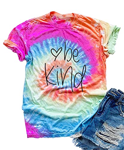 Be Kind Tie Dye T-Shirt for Women Inspirational Graphic Tee Letter Print Casual Short Sleeve Tops