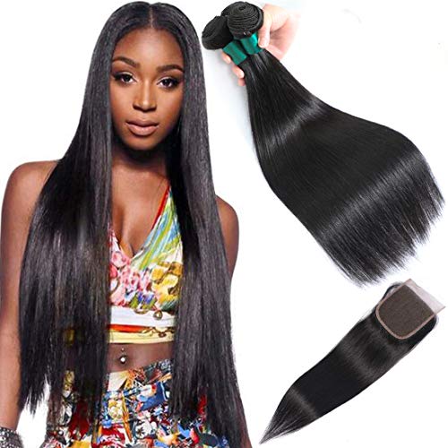 AUTTO Hair Bundles With 4x4 Lace Closure Peruvian Straight Human Hair 3 Bundles Weaves Extensions with Lace Closure (16 18 20+14 Closure) Peruvian Virgin Hair with Free Part Closure