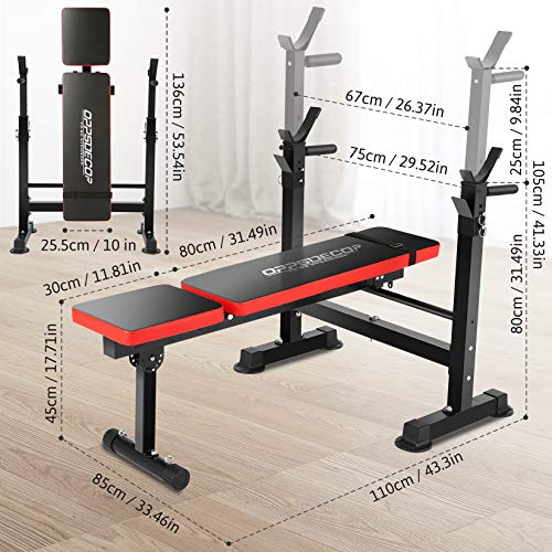 Folding Adjustable Weight Bench with Barbell Rack, Multi-Function Strength Training Adjustable Benches for Fitness Exercise and Strength Workout (Deep Red)