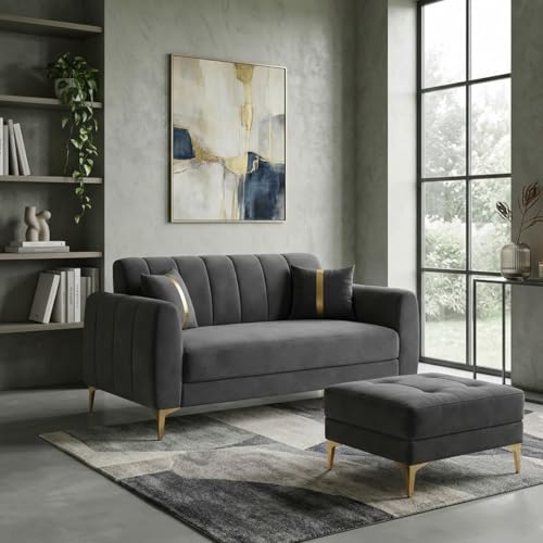 Image of Hermione Luxe Velvet-Suede Fabric 2 Seater Sofa Set with Ottoman | Golden Legs | Comfortable Seating | Modern Sofa for Living Room - Dark Gray