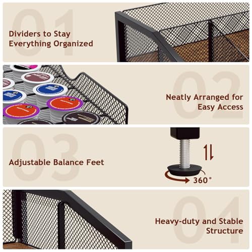 Image of Homsorout Coffee Bar Organizer - Coffee Station for Countertop, Metal and Wood K Cup holder Storage Basket for Coffee Pods, Syrup, Cups, Stirrer, Coffee Condiment, Tea Organizer, Black and Brown