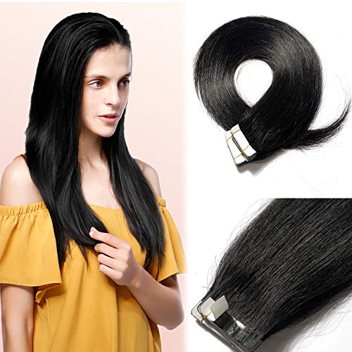 18" Remy Human Hair Tape in Hair Extensions #1 Jet Black Long Straight Hair Seamless Skin Weft Double Sided Tape 20pc/pack 30g +10 Free Tape Bonds