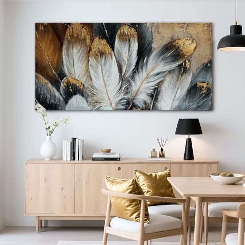 Image of Feather Canvas Wall Art Modern Living Room Bedroom Wall Decoration Large Giclee Print Canvas Painting Artwork for Home Decor One Piece White Gold Brown Feather Picture Ready to Hang 58x29 Size