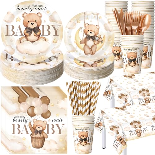 Funnymoom 452 Pcs Brown Bear Baby Shower Party Decorations for 50 Guests