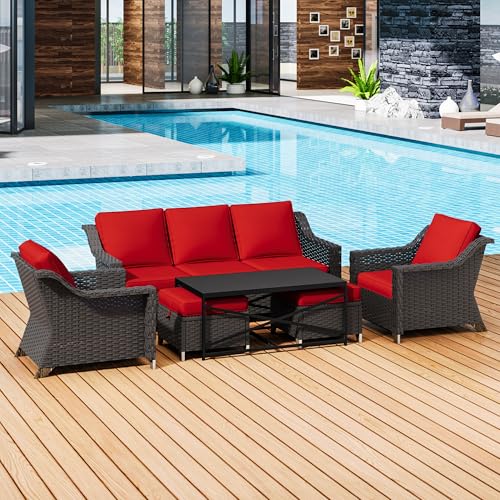 Image of 6 Pieces Outdoor Conversation Furniture Set - 77 inch Patio Sofa, 2 Armchairs, 2 Ottomans, 1 Metal Table, Patio Wicker Couch Set with Washable Cushions for Swimming Pool (Red) | Patio Chair Set with Olefin Removable Cushion, All-Weather Outdoor Couch with Deep Seat for Porch, Deck and Backyard, Red