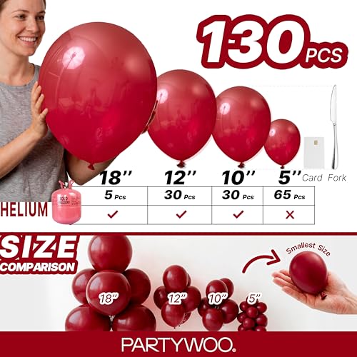 Image of PartyWoo Burgundy Balloons 130pcs Different Sizes of 18 12 10 5 Inch Dark Red Maroon Ruby Red Balloon Arch Kit Garland for Graduation Valentine's Day Wedding Anniversary Party Decorations Red-Y75