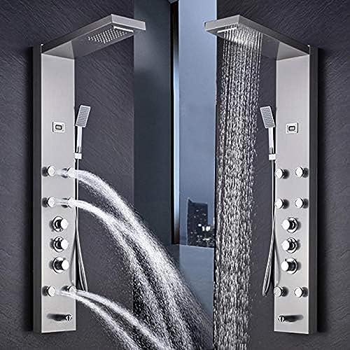 Panel de ducha con efecto lluvia y cascada, columna termostática con chorros de masaje, grifo para ducha y salida para bañera — Negro o niquel cepillado miniatura 2