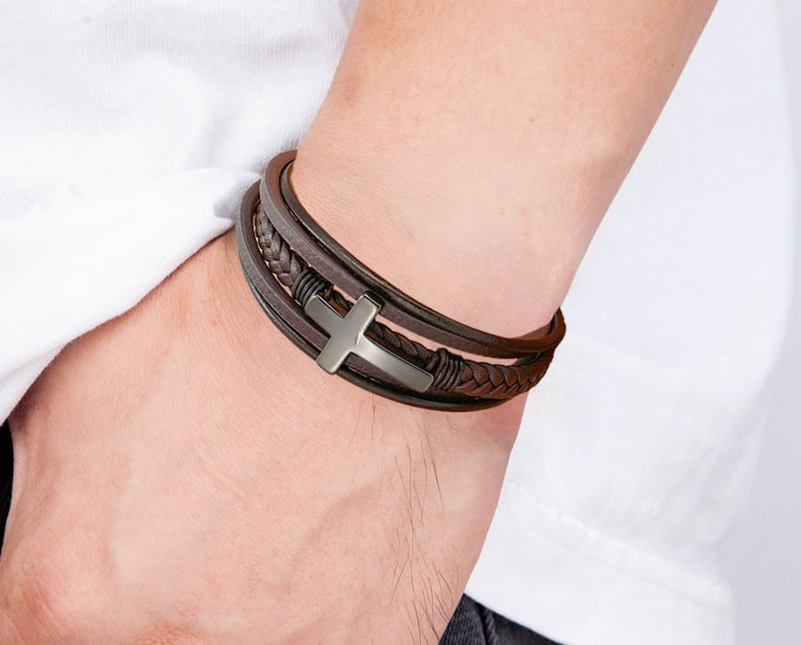 Cross Bracelet for Men,Black Cross Multi-Layer Braided Leather Brown Religious Bracelet with Stainless Steel Buckle Christian Jewelry 21 cm/8.26 inches - Image 5