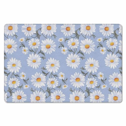 Blue Daisy Floral Antifatigue Kitchen Bath Door Mat Cushioned Runner Rug,Washable Welcome Floor Sink Mat,Waterproof & Non-Slip Kitchen Standing Doormat,White Blossom Watercolor Spring Summer 18