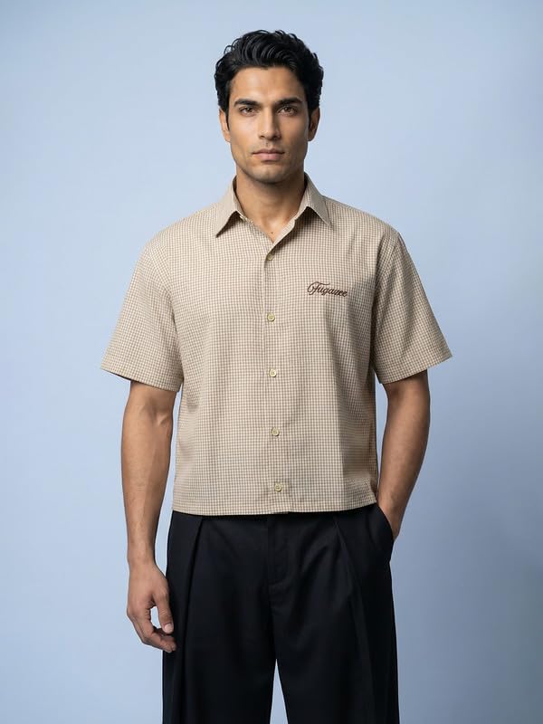 Image of FUGAZEE Sand Cotton Gingham Cropped Short Sleeve Shirt