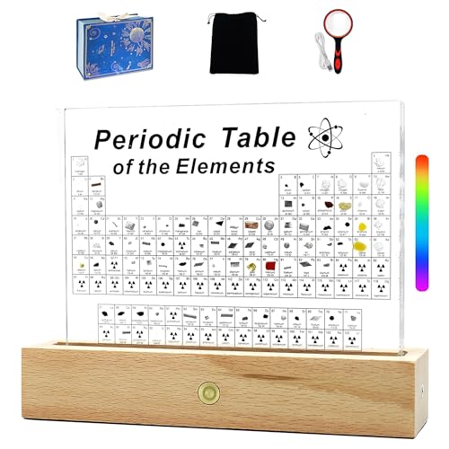 A backlit acrylic periodic table with 83 actual element samples sealed inside — you can literally see real bismuth crystals, mercury, and more in 3D.