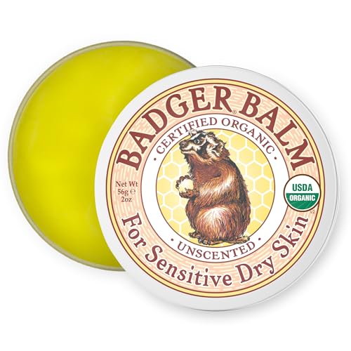 Badger Balm Unscented, 100% Organic Olive Oil & Beeswax, Fragrance Free Hand Cream, Long Lasting Sensitive Skin Moisturizer, 2 oz Tin