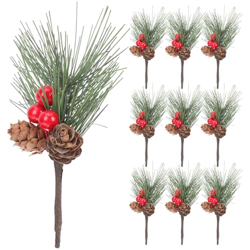 Ciieeo 10 Piezas de Decoración de Agujas de Pino y Bayas Rojas Artificiales para Árbol de Navidad Accesorios de Mesa para Fiesta y Adorno de Escritorio Navideño