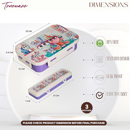 Image of Trueware Pluto Lunch Box 2 Compartment Leak-Proof BPA Free Stainless Steel, Lunch Box for Kids, Lunch Box for School & Office with a Spoon, 580 ML (LBK-Pluto-Purple BAZ)