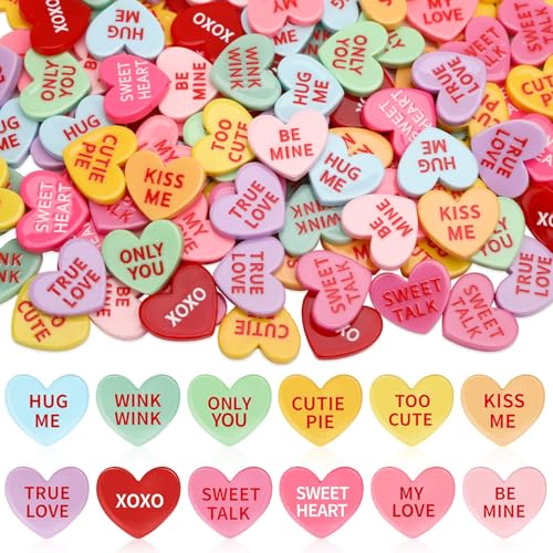 DECYOOL 120Pcs Valentine Conversation Heart Resin Pastel Candy Heart Ornament,12 Colors Conversation Heart Ornament and Valentine Candy Vase Filler for Table Scatter Wedding Home Party Decor