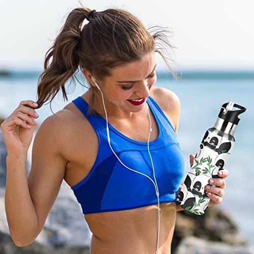 Panda Bamboo Leaves Bear Water Bottle Drink Flask with Straw Lid Insulated Stainless Steel Thermos Bottle for Boys Girls Gym Sports Leakproof 600 ml - Image 2