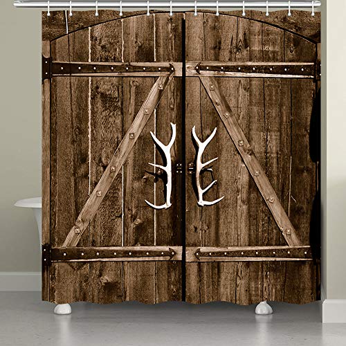 JAWO Barn Door Shower Curtain for Bathroom,Wooden Garage Cabin Door with Antler Handles