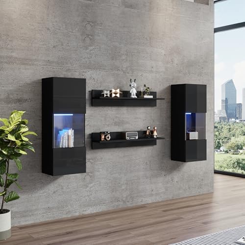 Merax Wohnwand 4-Teilig Set, Wohnwand Komplett-Set in Schwarz Hochglanz, LED-Wandschrank und 2 Regale, Vitrinen aus gehärtetem Glas, Moderne Anbauwand Schrankwand mit viel Stauraum für Ihr Wohnzimmer
