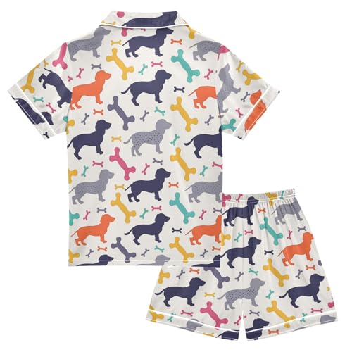 Dachshund Silhouette Print Summer Satin Pajama Set, Cute Button-Down Sleepwear Pj Set for Sleep Wears2