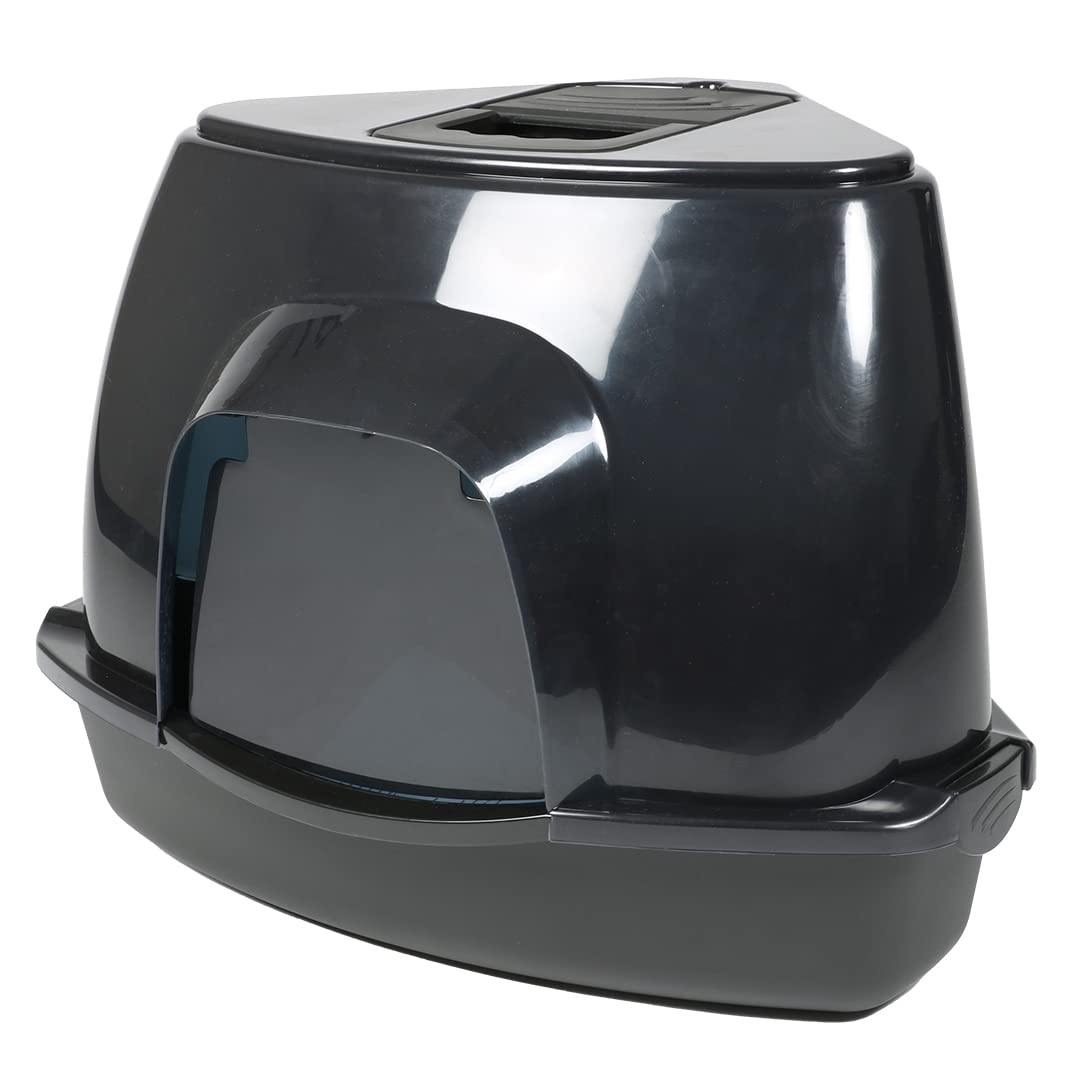 Ebi, Prism Ecktoilette 60 Zen Series M – 38 x 56 x 40 cm, schwarz, mit rutschfesten Füßen, mit halbtransparenter schwarzer Tür und Griff, Kohlefilter, der Gerüche absorbiert, aus Kunststoff