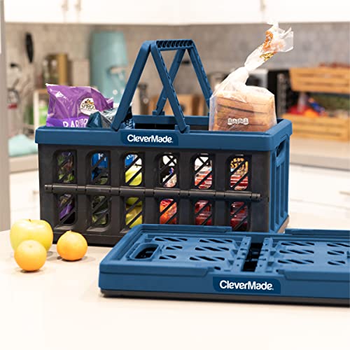 Clevermade Eco 24L Collapsible Reusable Plastic Grocery Shopping Baskets; Small Foldable Storage Crates With Handles, 3 Pack, Ocean #TOP7