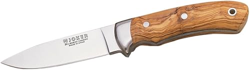 Miniatura 1 de Joker Cuchillo de caza completo Tang Pantera CO16, mango de madera de olivo, hoja 3.94 pulgadas, funda de cuero marrón, herramienta para pesca,