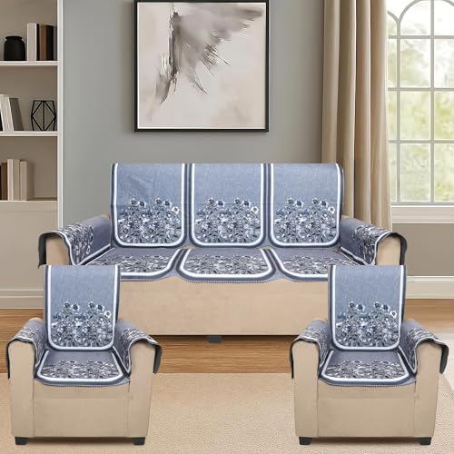 Image of Velvet 3 Seater Sofa Cover with 6 Seat and Back Covers, 2 Hand Rest Covers - Floral Design - Washable Fabric - Stylish Sofa Cover for Modern Living Room (Grey, 3 Seater With Arm Cover)