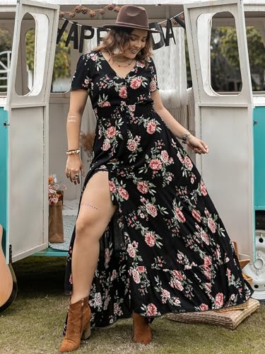 Image of SGF11 Floral Summer Dresses for Women 2026 Design Boho V Neck Short Sleeve Slit Maxi Dress Wear Casual