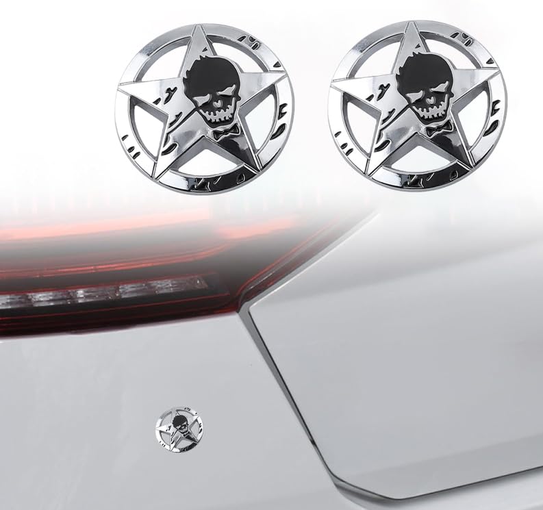 Image of 2PCS Star Skull Car Emblem 3D Badge Decal Sticker for Car Windows, Trucks, Hood, Laptops Decoration (Silver)